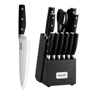 Hecef 14-Piece Black Knife Set with Block, Ultra-Sharp Stainless Steel Kitchen Knives with Comfortable Grip