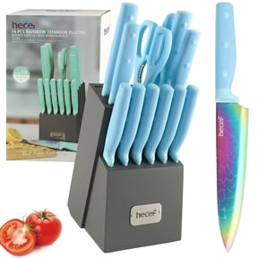 Hecef 14 Pieces Knife Set with Wooden Block, Rainbow Titanium Coated Chef Steak Knife,Sharpener