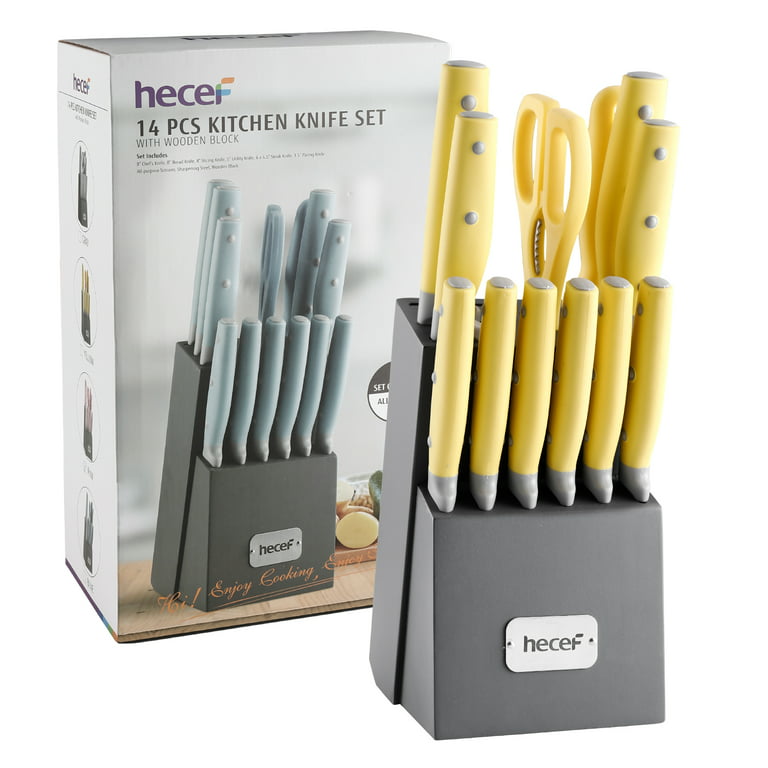 hecef Kitchen Knife Block Set, 14 Pieces Knife Set with Wooden Block &  Sharpener Steel & All-purpose Scissors, High Carbon Stainless Steel Cutlery