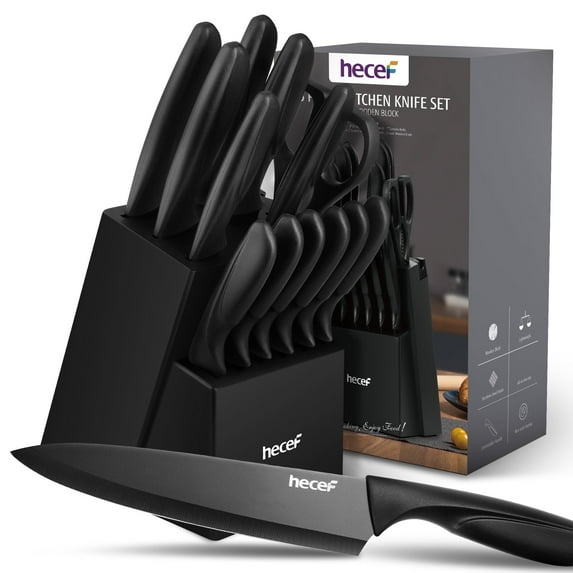 Hecef 15-Piece Kitchen Knife Block Set, Dishwasher Safe Stainless Steel Cutlery Set