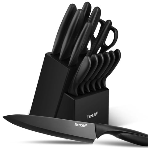 Hecef 15-Piece Kitchen Knife Block Set, Dishwasher Safe Stainless Steel Blades for Cooking and Chopping