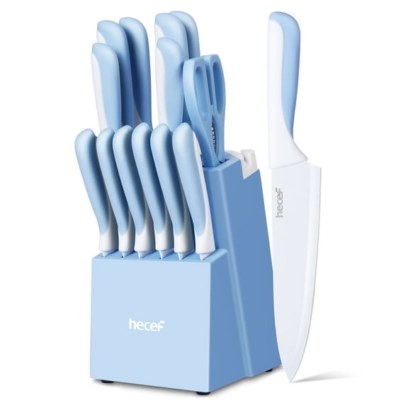 Hecef 15-Piece Knife Block Set, Ultra-Sharp Stainless Steel Knives with Rustproof Coating