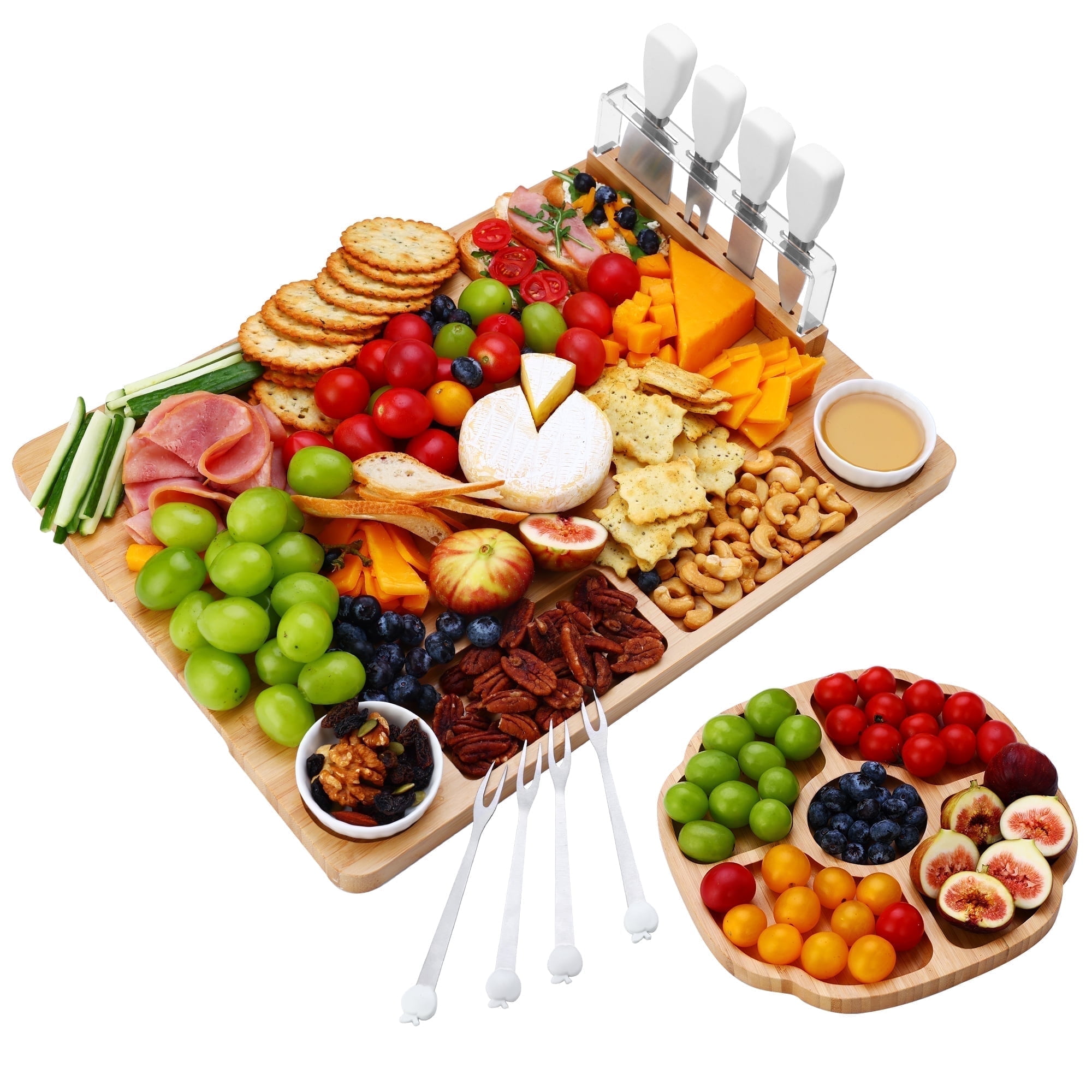 Hecef Bamboo Cheese Board and Knife Set, 13-Piece Large Charcuterie Serving Tray, 17 in