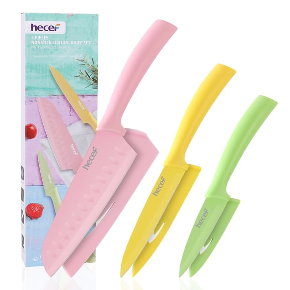 Hecef 3-Piece Knife Set, Colorful Non-Stick Coated Sharp Santoku, Utility, Paring Knife