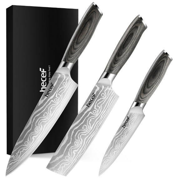 Hecef 3-Piece Knife Set With Laser Damascus Pattern, Ergonomic Handle, 8" Chef Knife, 7" Santoku Knife, 5" Utility Knife