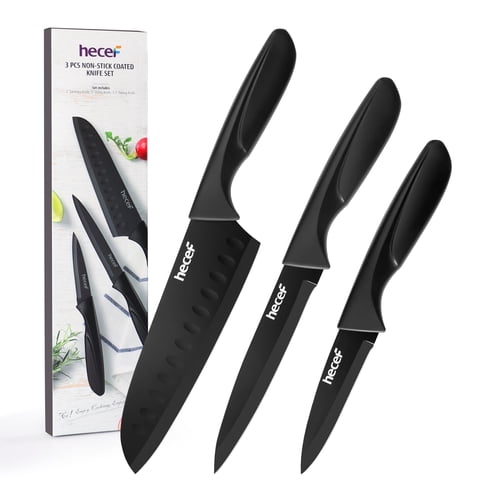 Hecef 3-Piece Kitchen Knife Set Chef, Santoku and Paring Knives, Ultra Sharp, Rust-Resistant