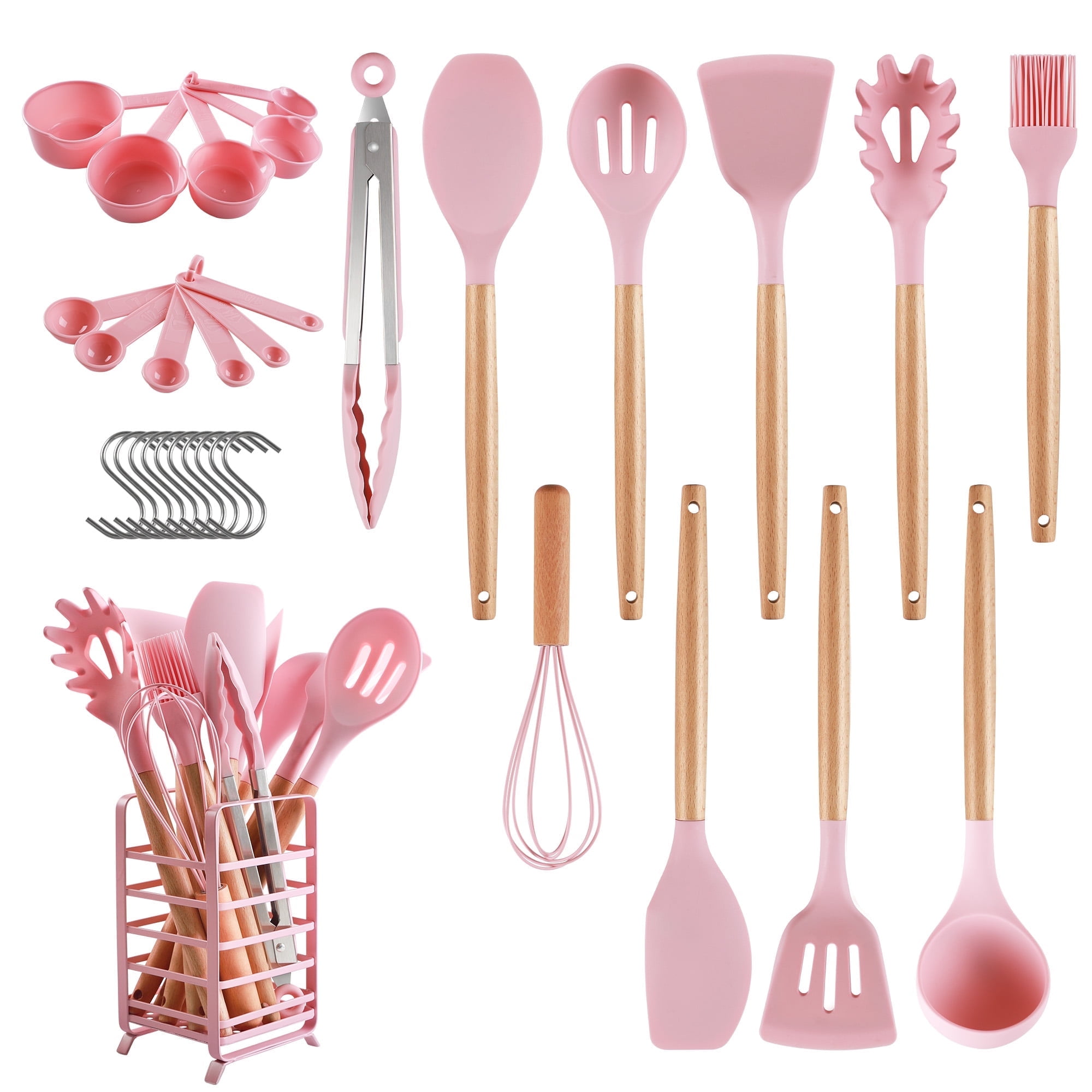 32-Piece Pink Silicone and Wood Kitchen Utensil Set