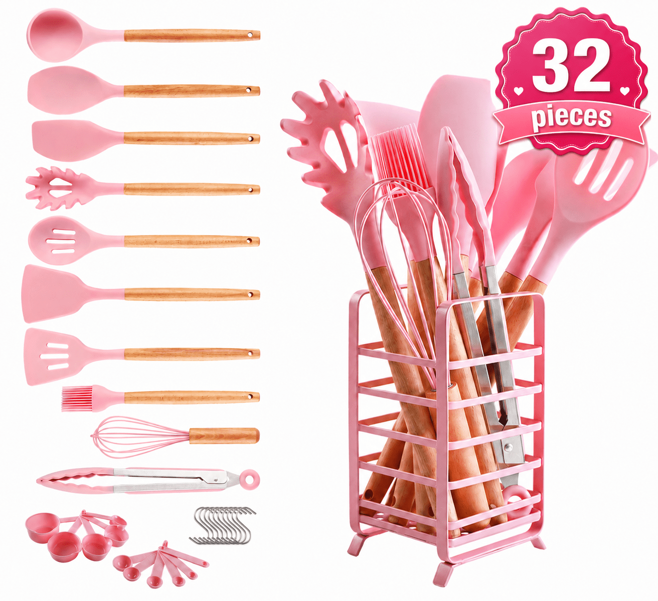 Hecef 32 PCS Silicone Cooking Utensils Set, 446°F Heat Resistant for Nonstick Cookware