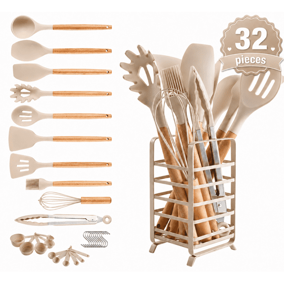 Hecef 32 Piece Kitchen Utensils Set, Food Grade Silicone Cooking Gadgets Tools with Holder