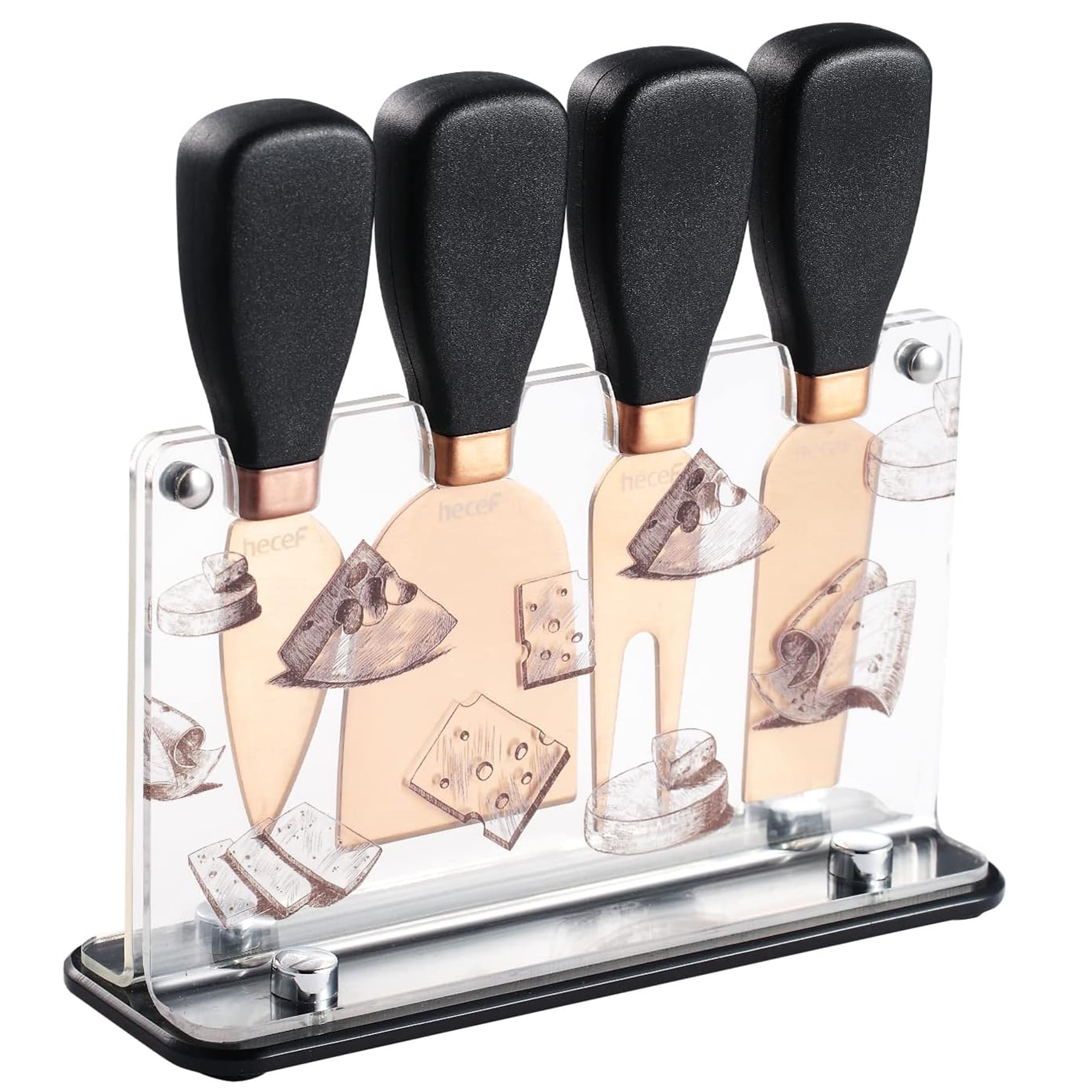 Hecef 5 PCS Cheese Knife Set with Acrylic Stand, Stainless Steel Cheese