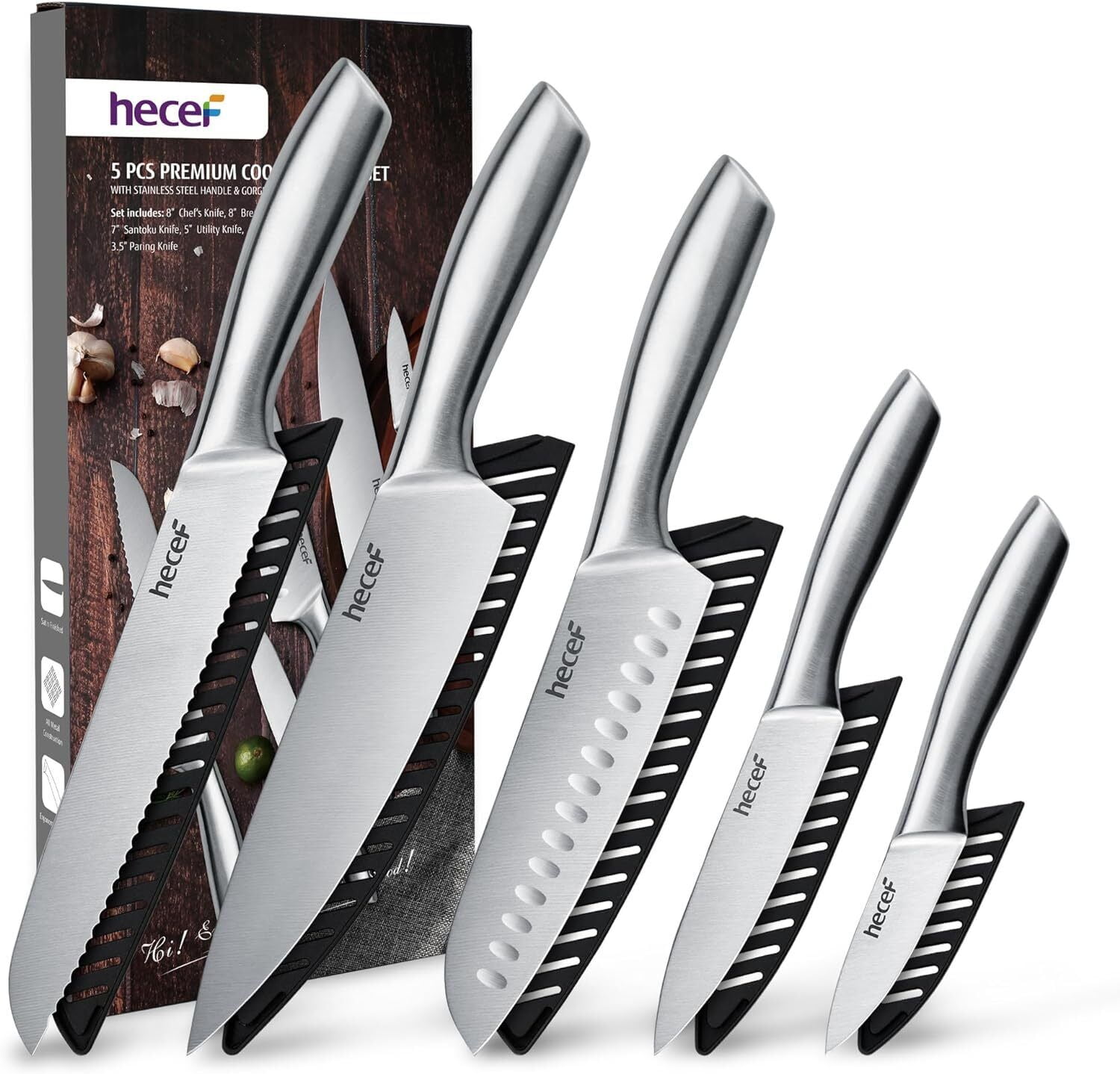 Hecef 5 PCS High Carbon Stainless Steel Kitchen Knife Set with Ergonomic Handle and Blade Covers