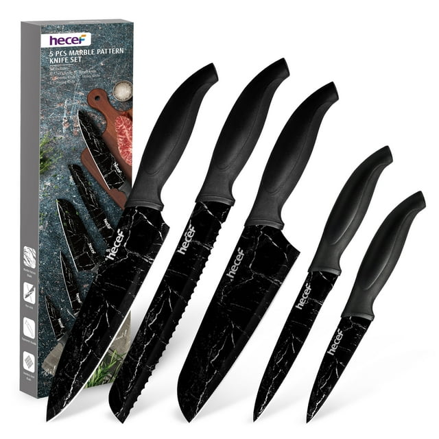 Hecef 5Piece Kitchen Knife Set, Nonstick Marble Pattern Coated Sharp