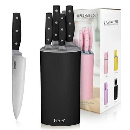 Hecef 6-Piece High Carbon Stainless Steel Kitchen Knife Set with Block, Scissors, Sharp, Rust Proof