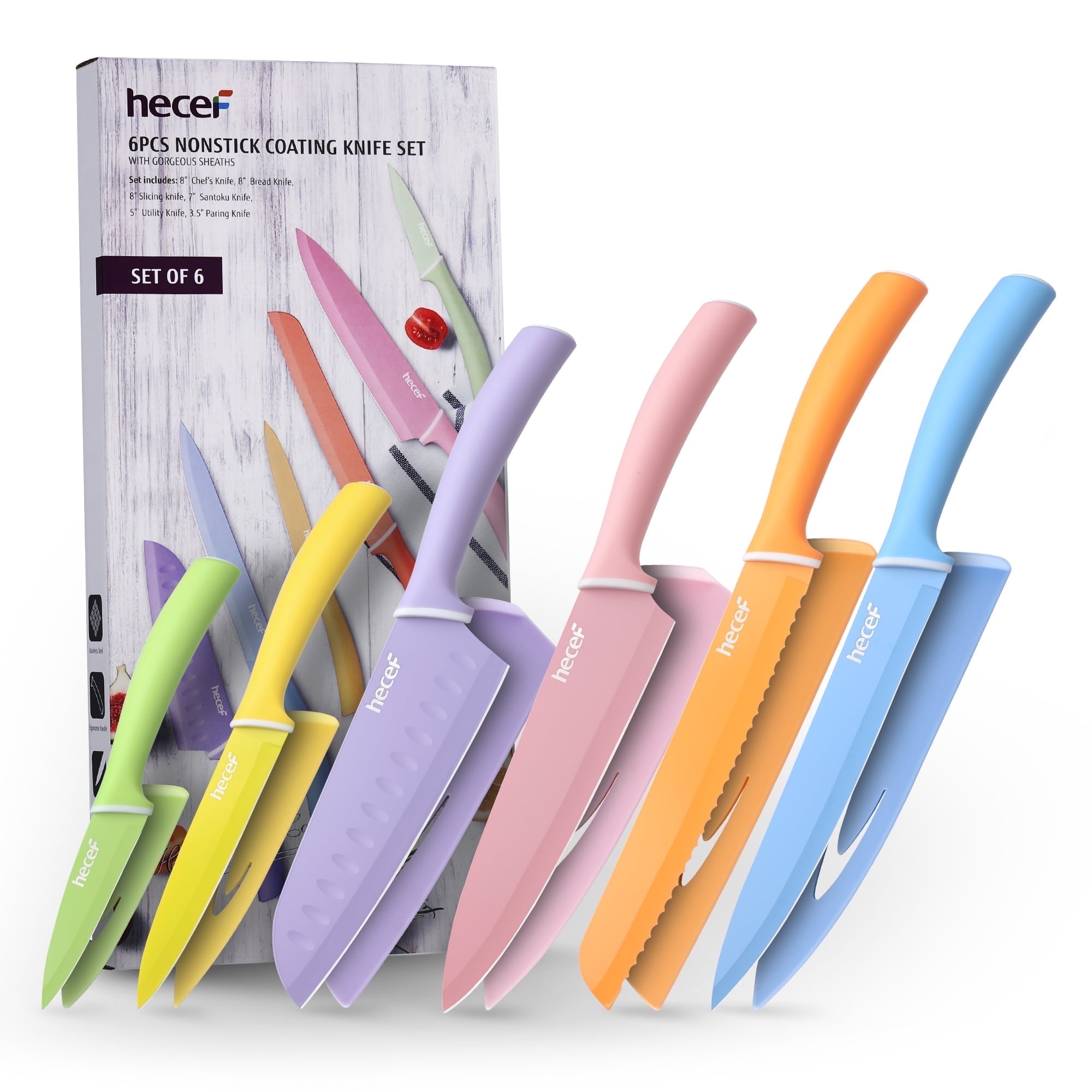 Hecef 6-Piece Professional Essential Kitchen Knife Set with Colored Stainless Steel Blades and Guards
