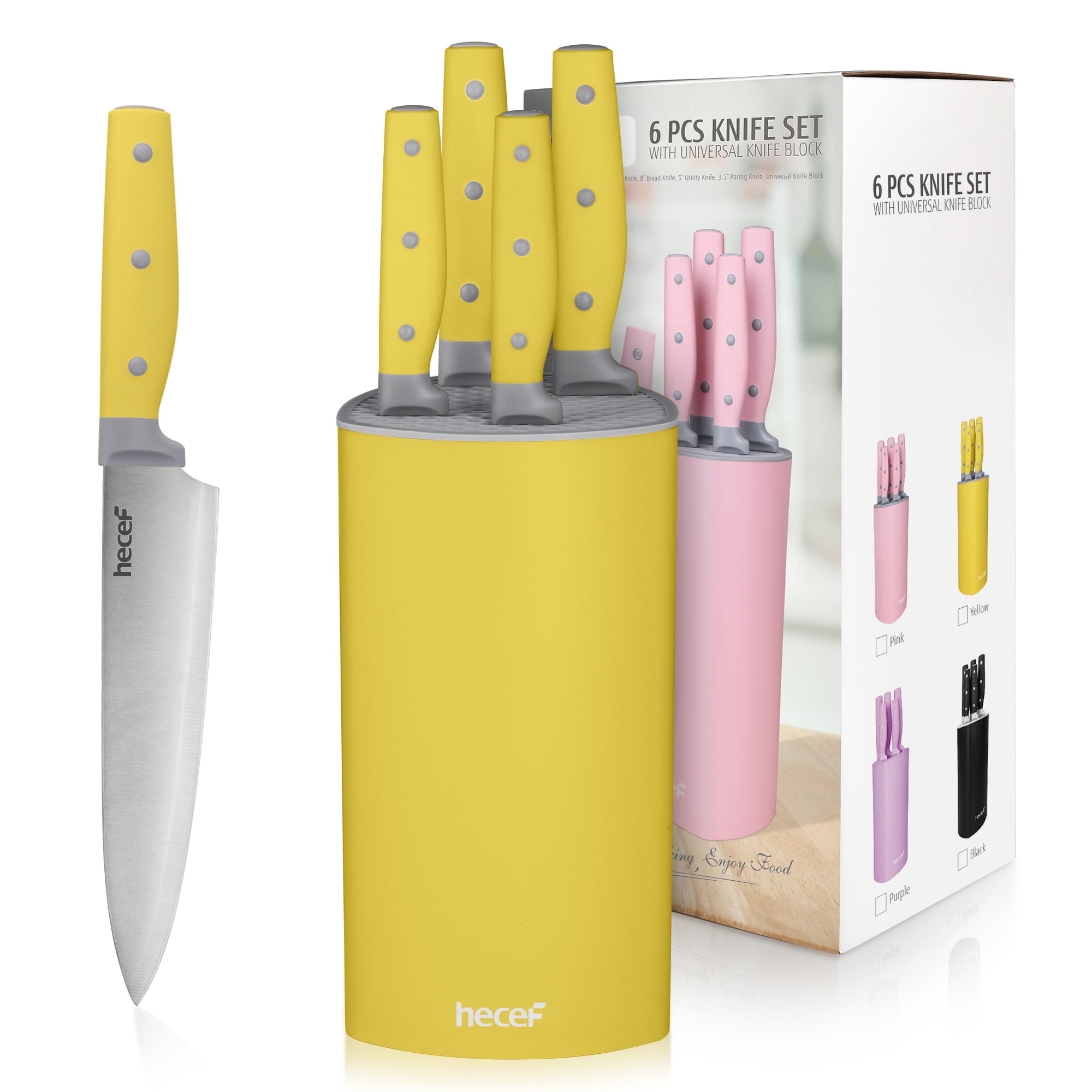 Hecef 6-Piece Kitchen Knives Set with Block, Stainless Steel Blade with Triple-Rivets PP Handle