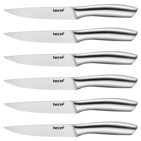 Hecef All-Steel Steak Knife Set of 6, High-Carbon Stainless Steel Serrated Edge Dishwasher safe Knives