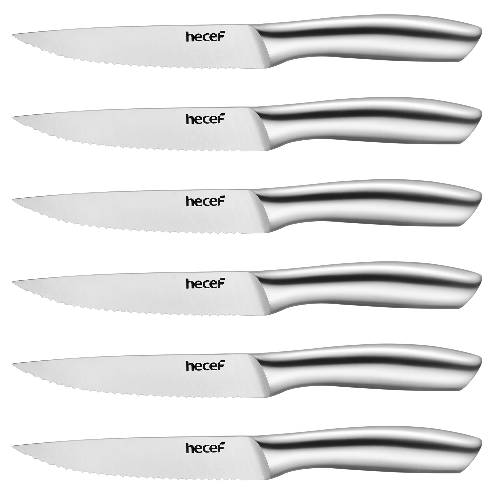 Hecef All-Steel Steak Knife Set of 6, High-Carbon Stainless Steel Serrated Edge Dishwasher safe Knives