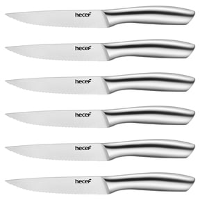 Hecef All-Steel Steak Knife Set of 6, High-Carbon Stainless Steel Serrated Edge Dishwasher safe Knives