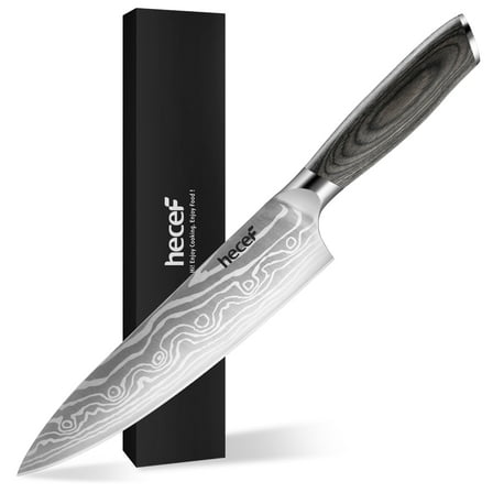 Hecef 8-Inch Chef Knife with Japanese Damascus Pattern and Ergonomic Wood Handle