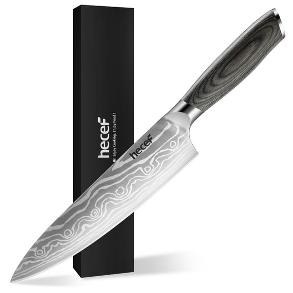 Hecef 8-Inch Chef Knife with Japanese Damascus Pattern and Ergonomic Wood Handle