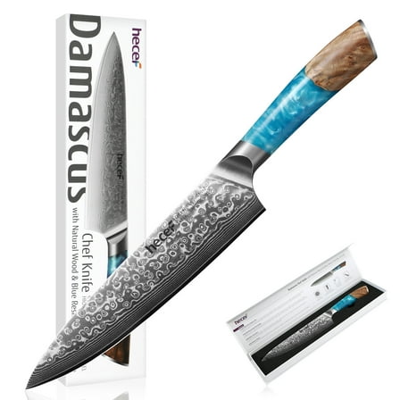 Hecef 8-Inch Chef Knife, Japanese Damascus Steel Blade with Resin Handle