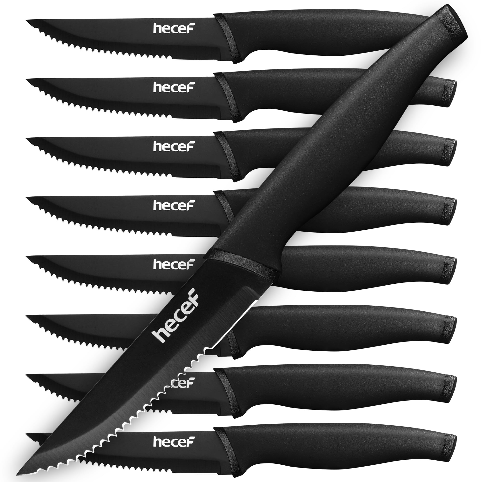 Hecef Black Oxide Steak Knife Set of 8, UltraSharp High Carbon Stainless Steel Serrated Knives