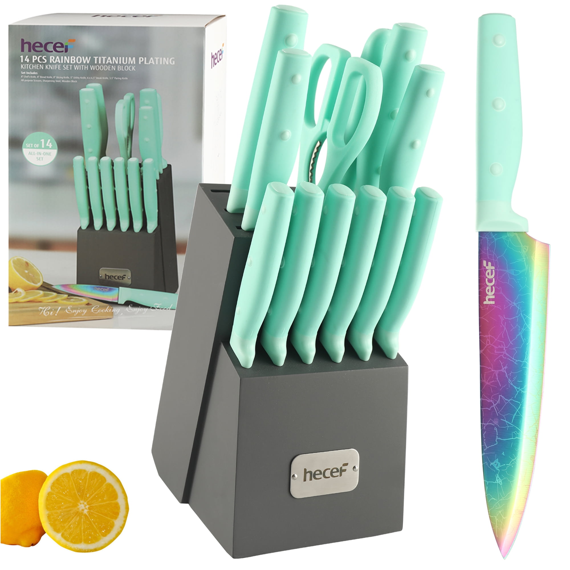 Hecef 14-Piece Kitchen Knife Set with Wooden Block Rainbow Blades, Dishwasher  Safe Titanium Coating Chef Knife Set 