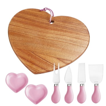 Hecef 7-Piece Heart-Shape Wooden Cheese Board Set with Pink Knives and Ceramic Bowls