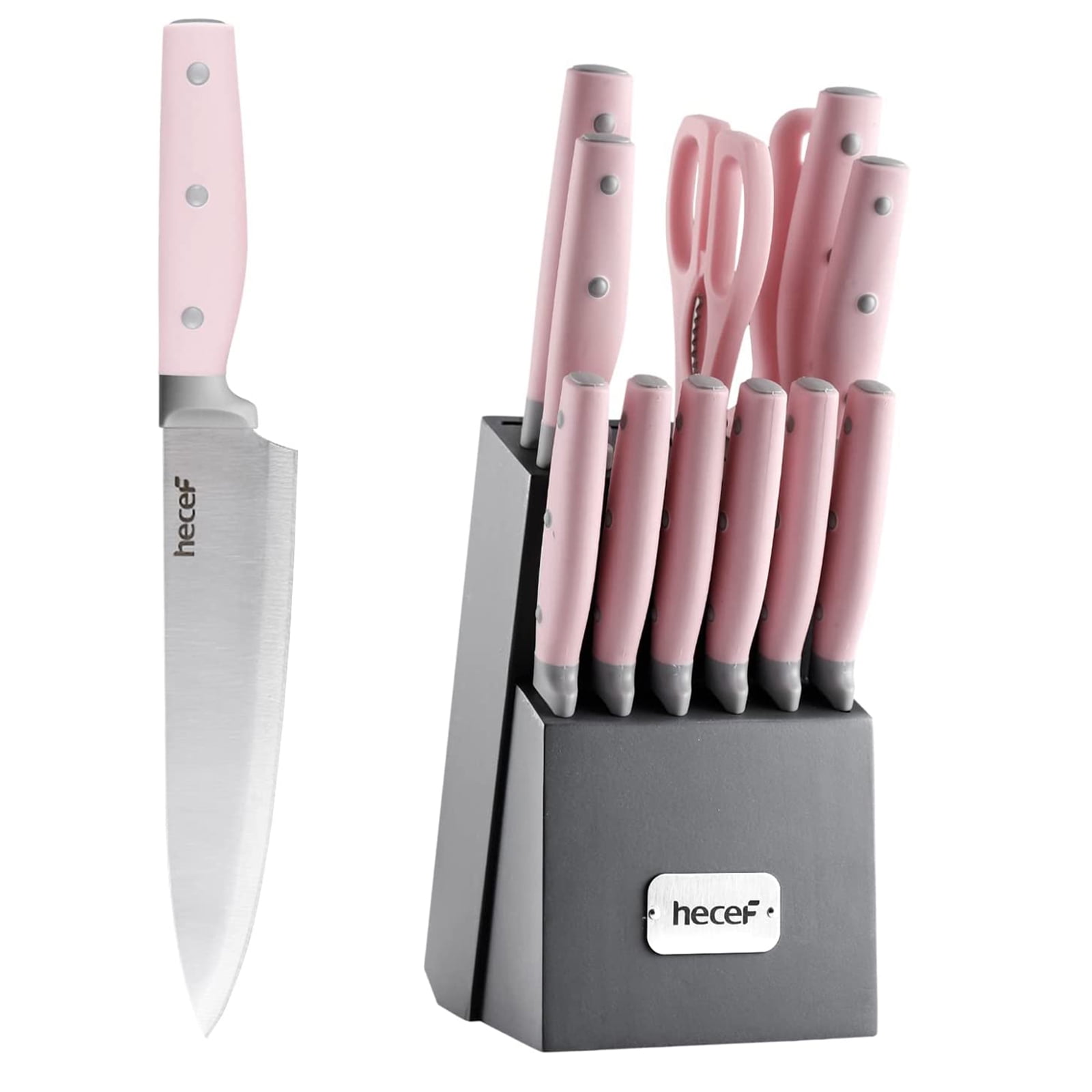 Hecef Kitchen Knife Block Set, 14Pcs High Carbon Stainless Steel Cutlery Knife Set with Sharpener