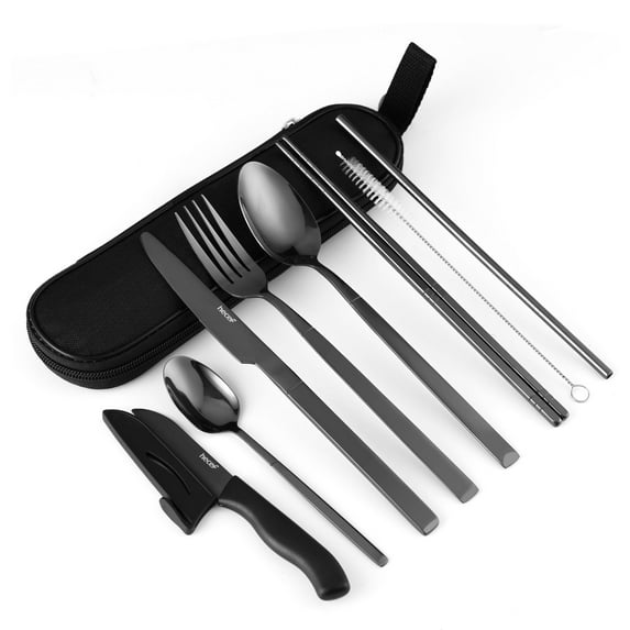 Hecef Portable Travel Cutlery Set, 9 Pcs Black Titanium Plating Reusable Stainless Steel Flatware