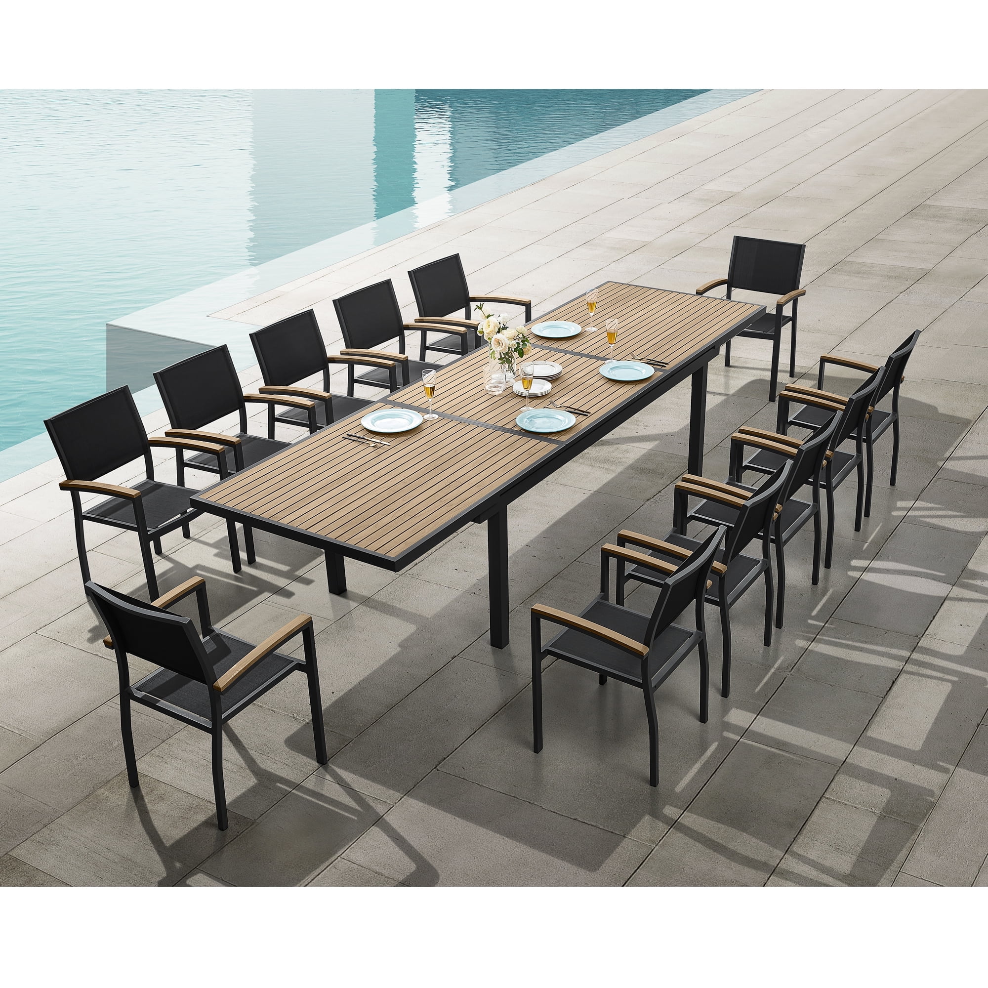テーブル・チェア・ハンモック yanMINIMAL WORKS EGO TABLE Charcoal Higold Heck 13-Piece Outdoor Dining Set, Aluminum & Teak