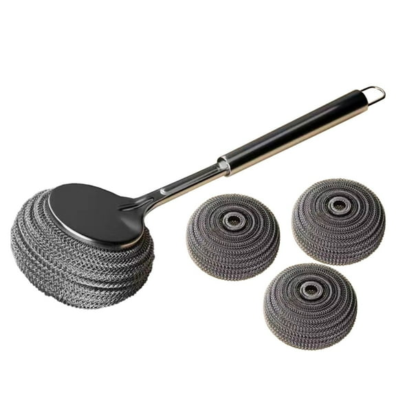 Hecteas Cleaning Brush - - Multi Purpose Stainless Scrub Brush with Handle Non Scratch Dish Brush Scrubber Wool Brush Tool for Kitchens Scrubbing S(1*Stainless Steel Pot Brush+3*Brush Heads - Black)