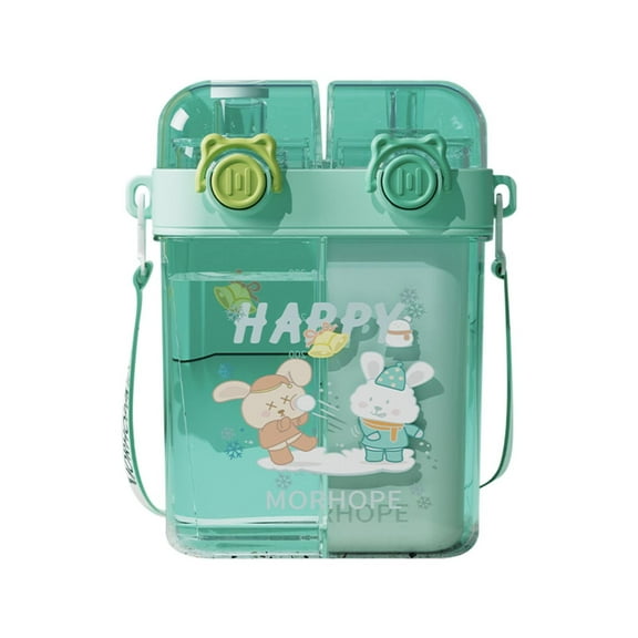 Hecteas Glass&Bottle - Kitchen Cups - Kawaii Water Bottle Cute Water Bottle with Double Drinking Design Leakproof Multiple Locking Pattern Portable Water Bootle(1X Double Straw Mug - Blue)