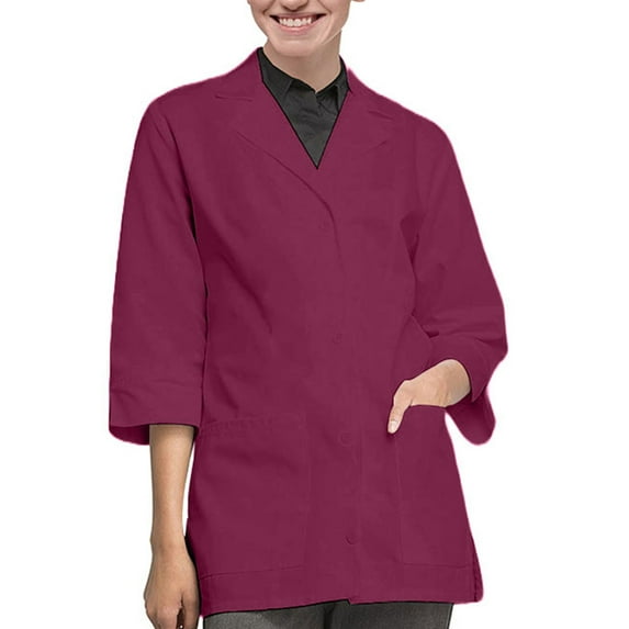 Panda Uniform by HeedFit Women's 32" 3/4 Sleeve Lab Coat with Multi-Colored Plus Size 3XL Wine
