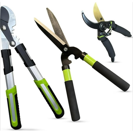 Hedge Shears Bypass Loppers Pruning Shears 3 Pc Set - Heavy Duty Comfort Grip Handles - Sharp Blades for Easy & Clean Cuts - Perfect Trimming Tool Kit