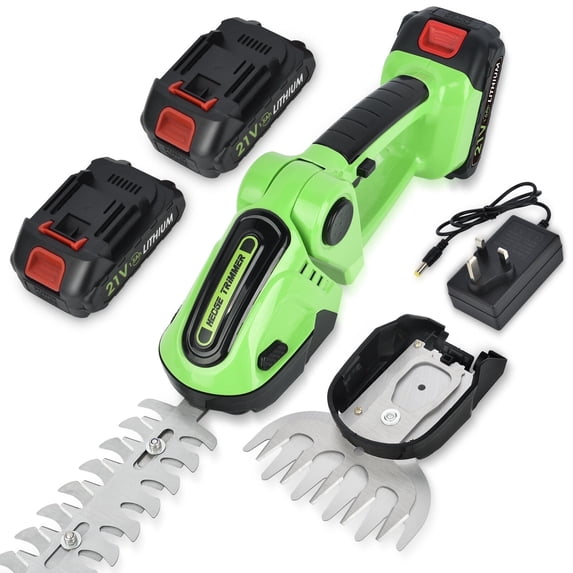 Hedge Trimmer Cordless, Electric Hedge Shears, 21V Garden Grass Shears Battery Hedge Shears, 2 in 1 Grass Trimmer with 2 Pack Li-Ion Battery and Charger for Shrub Garden Lawn and Pruning