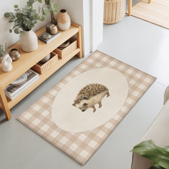 Hedgehog 2'x3' Rug for Entryway Front Door Kitchen Sink Area, Retro Modern Hedgehog Linen Plaid Low Pile Washable Non Slip Rectangle Area Rug
