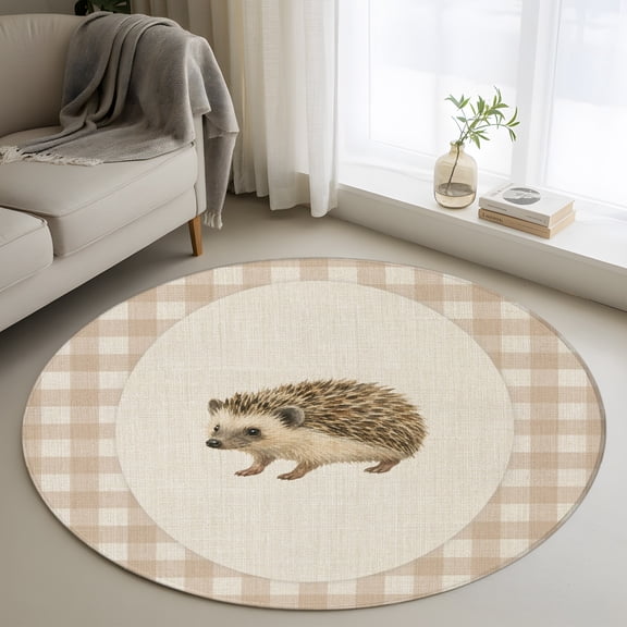 Hedgehog 3FT Round Area Rugs for Living Room Retro Modern Hedgehog Linen Plaid Ultra-Thin Non-Slip Round Rugs Machine Washable Low Pile Circle Carpet for Bedroom Kitchen Nursery