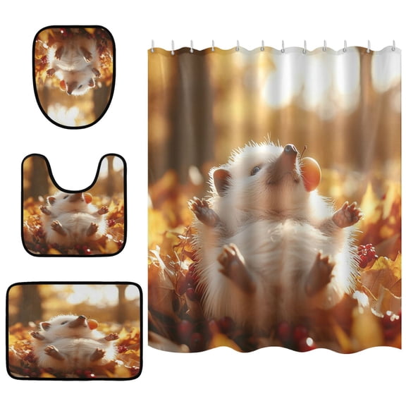 Hedgehog Bathroom Accessory Curtain Sets Bath Curtain Anti-Slip Mats and Toilet Pad 66x72in