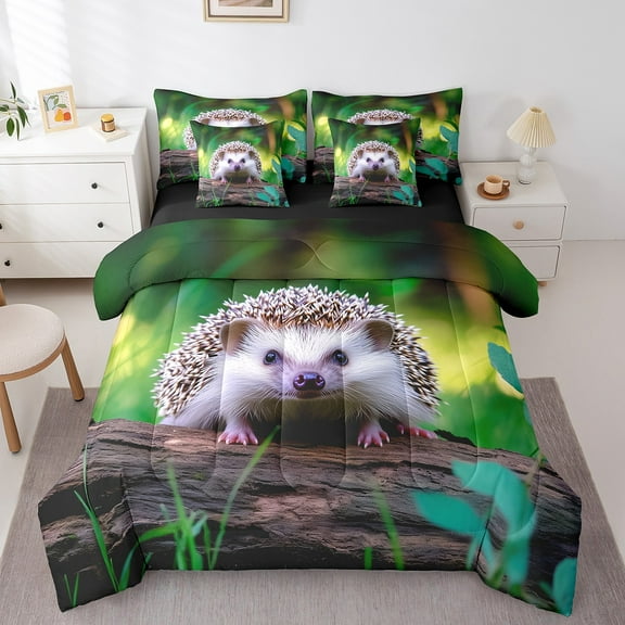 Hedgehog 7 Piece Comforter Set Full Bed In A Bag,Tree Branch Bedding Sets Green Grass Sheet Set With Comforter,Wildlife Animal Bed Set