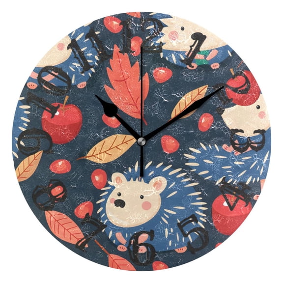 Hedgehog Apple 10 inch Wall Clocks Non Ticking Easy to Read Battery Decorative for Home Bathroom Kitchen Bedroom Living Room