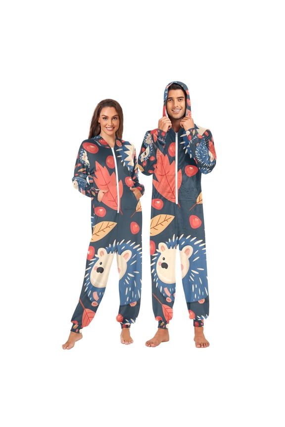 Hedgehog Apple Adult Onesie Pajamas Slim Fit Christmas One Piece Suit Pjs for Women and Men Hooded Zipper