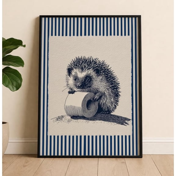 Hedgehog Bathroom Blue Border Poster Unframed Paper Print