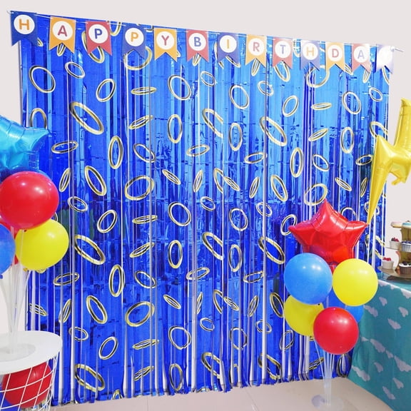 Hedgehog Birthday Party Decoration, 2 Pack Hedgehog Party Backdrop Photo Booth Prop, Blue with Gold Ring Print Fringe Curtains Tinsel Photo Streamers for Hedgehog Theme Party Decor Supplies