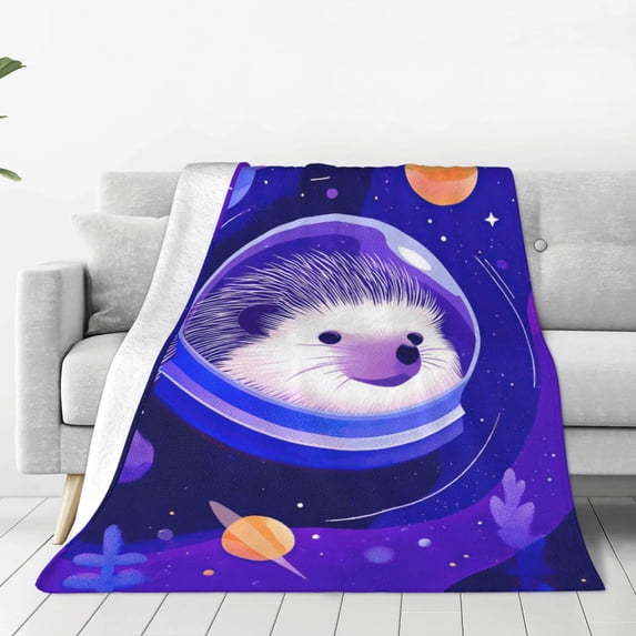 Hedgehog Blanket Artistic Astronaut Animal Design, Decorative Cozy Flannel Throw For Sofa, Vibrant Celestial Nature Home Decor 50x40