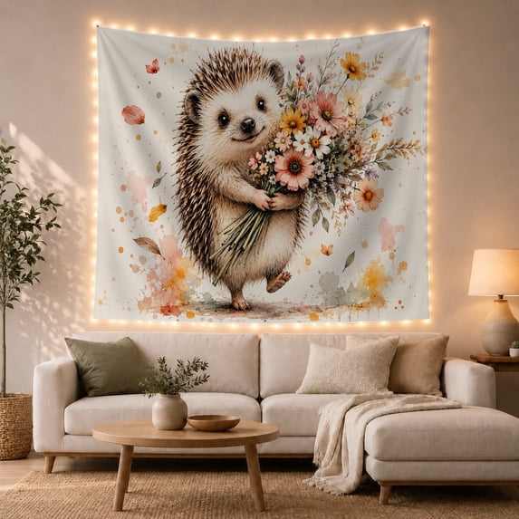 Hedgehog with Bouquet in Paint Splashes, Whimsical Watercolor for Animal Lovers, Woodland Wall Art, Housewarming Gift, Tapestry Wall Hanging for Bedroom and Living Room