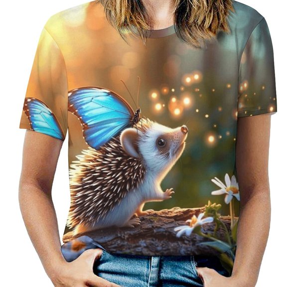 Hedgehog Butterfly Garden Women's Short Sleeve Tops Casual Blouses T Shirt