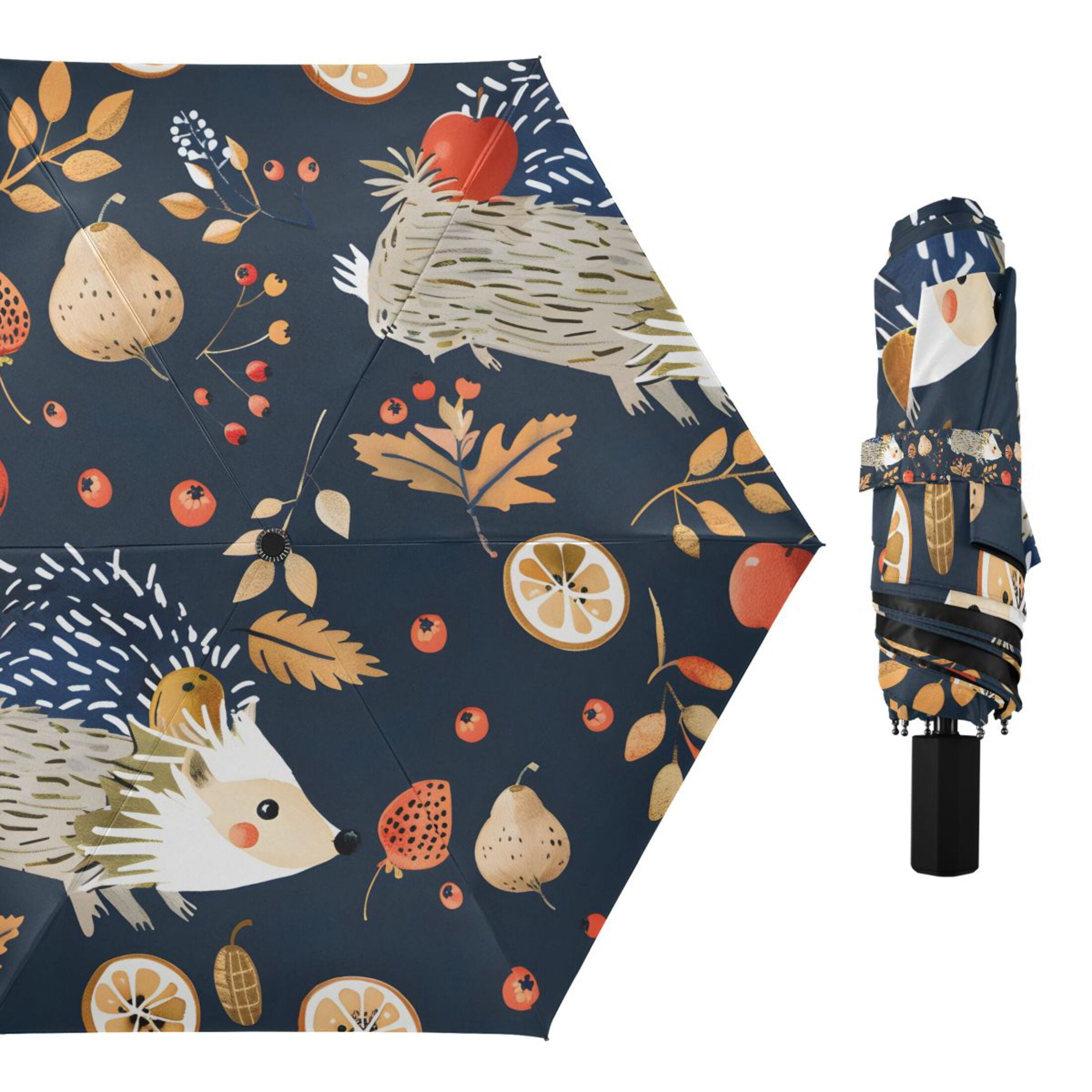 Hedgehog Carrying Fruit Compact Sun Umbrella Windproof Travel Umbrellas for Rain Strong Portable UV Protection