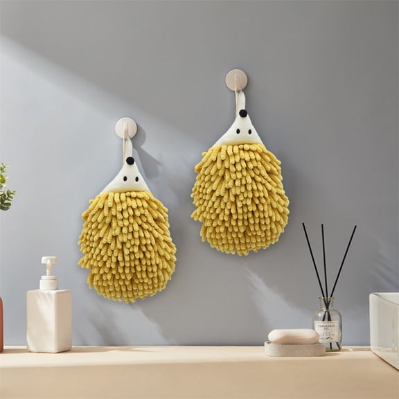 Hedgehog Chenille Hand Towel Hanging Hand Wipe Ball,Ultra Absorbent Quick Dry Thick Chenille Soft Cloud Feel,Easy Hang Reusable Machine Washable,Decorative Bathroom Kitchen Gift for Adults-Yellow