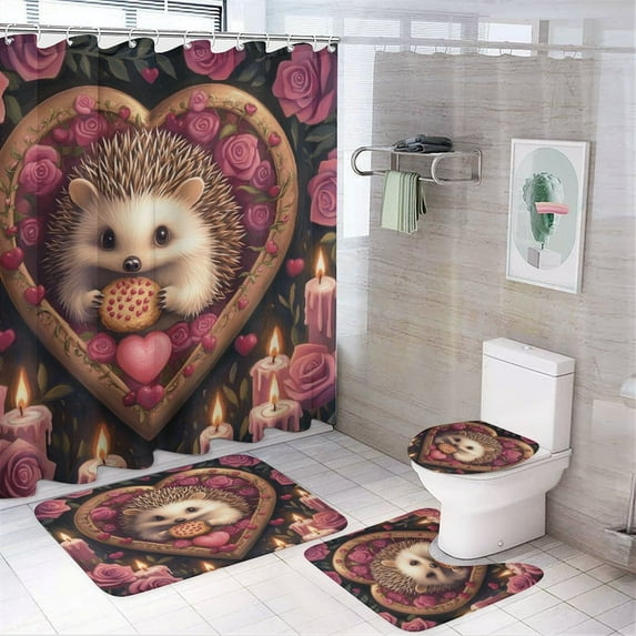 Hedgehog Chocolates Roses Shower Curtain 4 Piece Sets Shower Curtain Set with Rugs Valentine’s Day Gifts Waterproof Personality Pattern Bath Curtains for Bathtub Decor